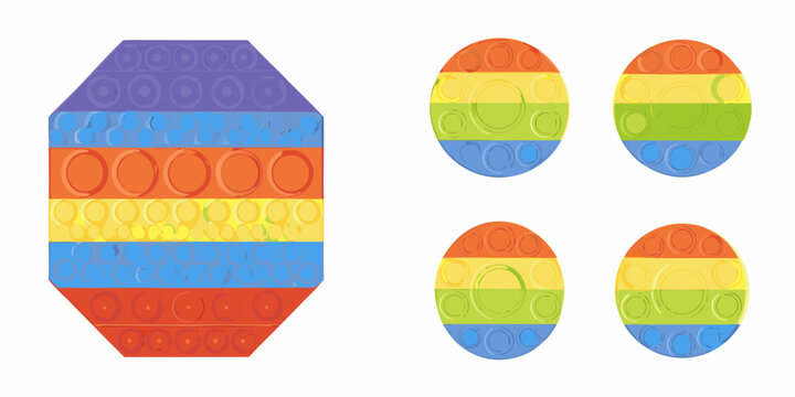 Colorful pop it fidget toys arranged in different shapes and sizes