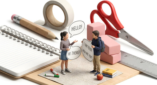 英語の吹き出しを使って対話の練習をする子供たちのミニチュア
