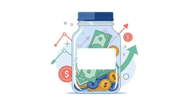 Savings glass jar filled with dollar bills and coins placed in front of growing financial charts and business success symbols.