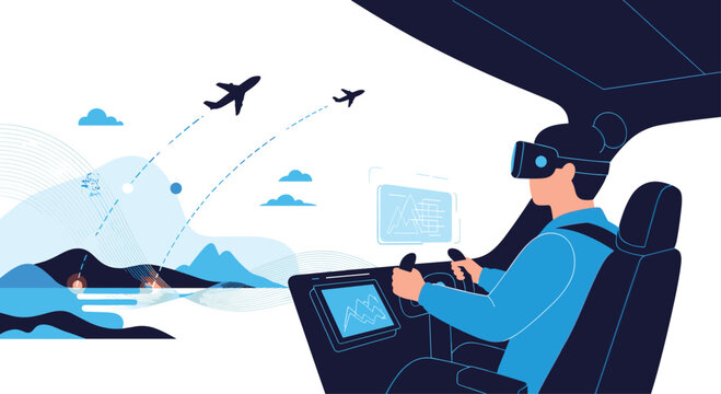 Pilot using virtual reality technology to train in a flight simulator cockpit with airplanes and landscape data in the background.