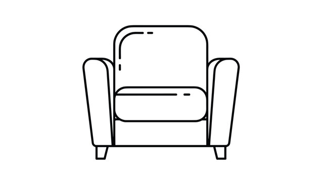 Simple black and white line art illustration of a comfortable modern armchair with thick cushions and wooden legs for living room interior.