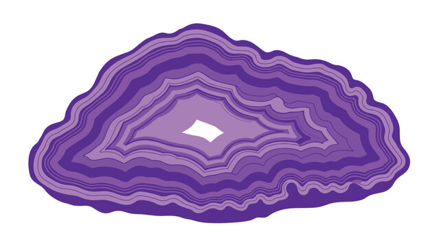 Stylized cross-section of a purple agate stone showing vibrant concentric rings and organic crystalline layers.