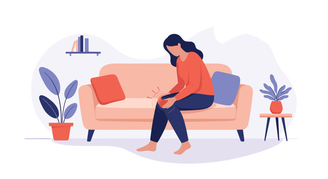 Concerned woman sitting on sofa at home holding her injured knee and suffering from joint pain or inflammation.