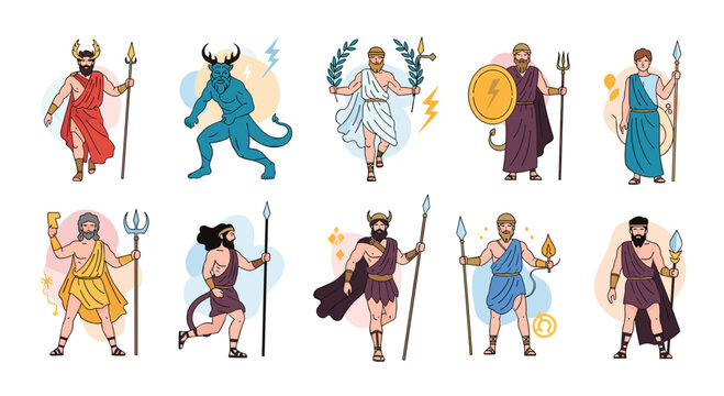 Detailed collection of diverse ancient Greek gods and goddesses characters with traditional attributes and weapons.