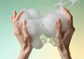 Fototapeta premium The white foam looks very soft and bubbly and There is a lot of white foam in the person's hands.