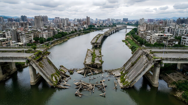 Aerial view of a collapsed bridge over a river in an urban area, showing structural failure and debris in the water