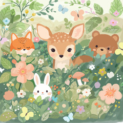Naklejka premium Watercolor cute woodland deer with fox,bear and rabbit cartoon