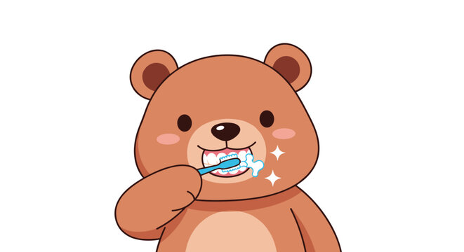 Adorable brown bear character is diligently brushing its teeth with a blue toothbrush and white toothpaste foam on a white background scene.