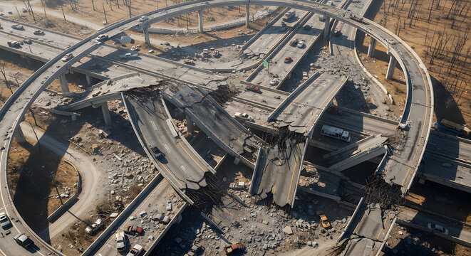 Aerial view of a collapsed highway interchange with broken concrete slabs and debris scattered across the road surface