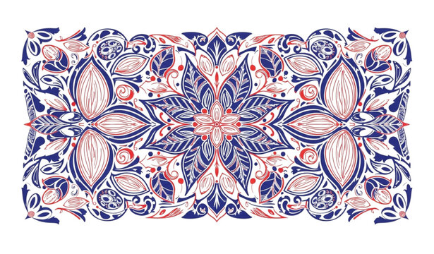 Intricate indigo blue and red ornament vector with seamless floral ogee pattern