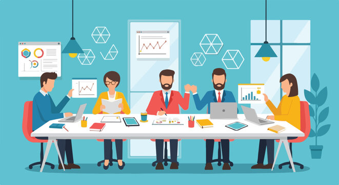 A team of five professionals works together in a modern office, analyzing various data charts and reports at a long white conference table.