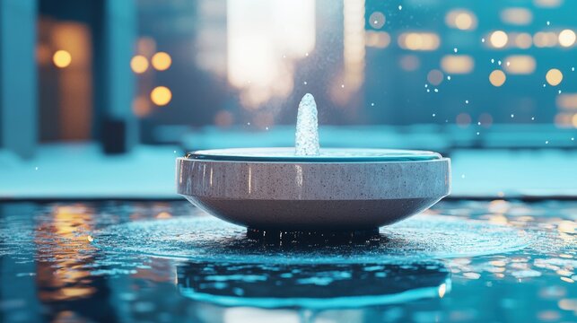 Water freezing in a fountain during sub zero temperatures in a city square