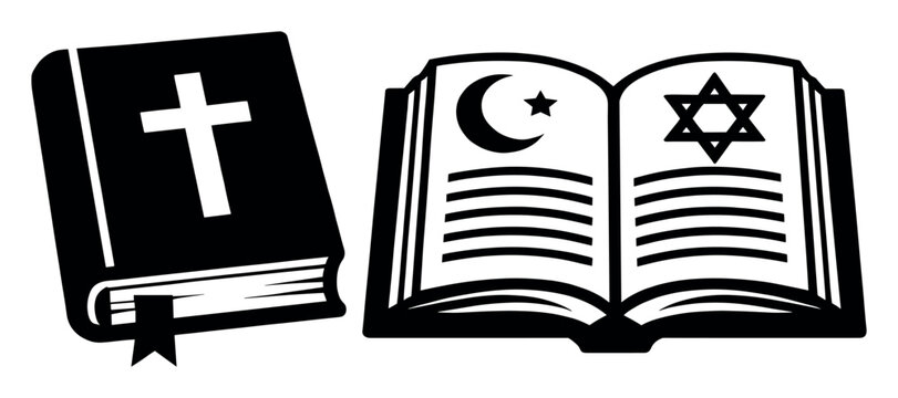 Religious holy books side by side, featuring symbols of Christianity, Islam, and Judaism, portraying interfaith dialogue and spirituality