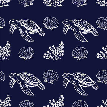 Hand drawn seamless pattern with sea turtles and shells.