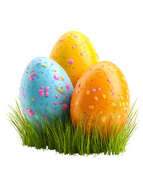 Three colorful Easter eggs with confetti sprinkles isolated on transparent background