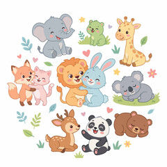 Fototapeta premium A colorful flat design illustration of adorable baby animals including a kitten, puppy, and panda, surrounded by soft colors and playful elements on a white background.