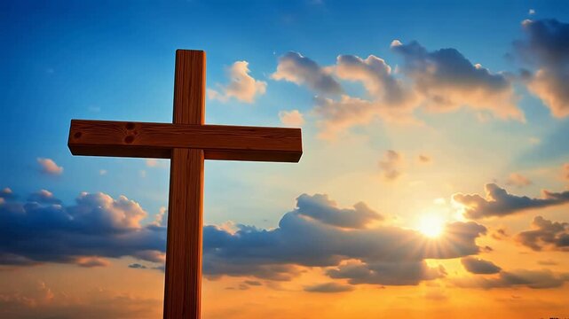 Wooden cross against sunset sky for Digital Transformation and Cyber Infrastructure