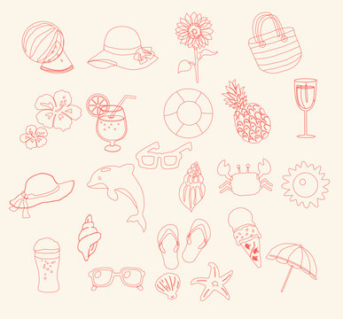 summer collection doodle , summer elements, tropical ,shells and fruits