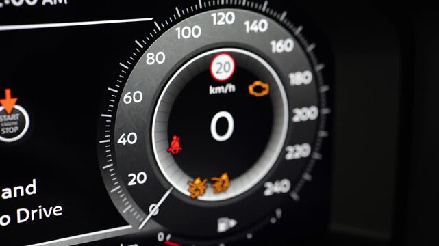 Car dashboard speedometer displaying speed in kilometers per hour with digital interface and illuminated indicators in a modern vehicle interior