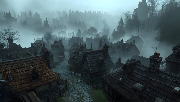 An eye-level immersive fantasy digital painting of a large, sprawling medieval coastal village. Standing at the edge of the town looking down a cobblestone street lined with detailed thatched-roof sto