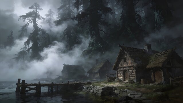 An eye-level immersive fantasy digital painting of a large, sprawling medieval coastal village. Standing at the edge of the town looking down a cobblestone street lined with detailed thatched-roof sto