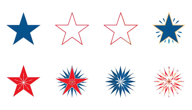 juneteenth star vector set with solid outline and glowing burst styles on transparent background