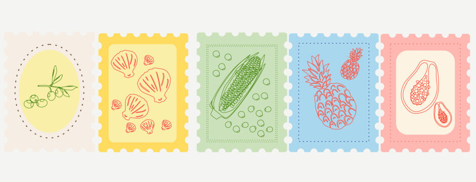 summer stamp collection with vintage postcard with doodle elements like  seashells, corn and tropical fruits