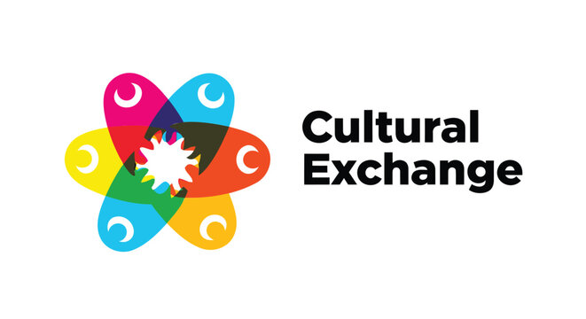 Cultural exchange logo, colorful flower design, multicultural symbol, diversity icon