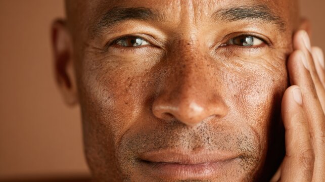 Man touching his face with a thoughtful expression in a simple indoor setting during the daytime