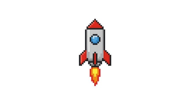 Pixel art rocket ship blasting off.