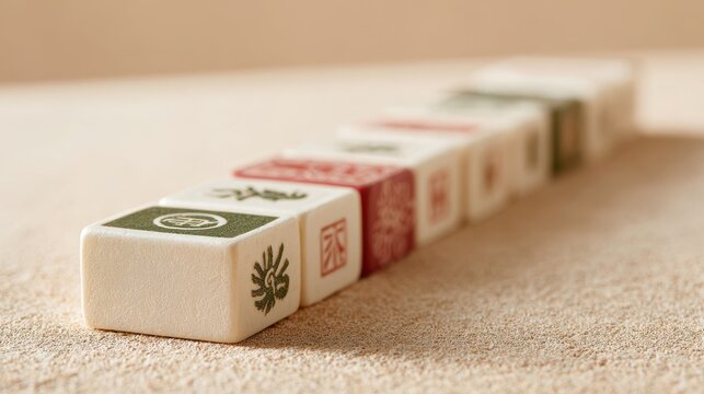 Low angle mahjong tiles lined in a neat row on sandy surface for tabletop background and banner design
