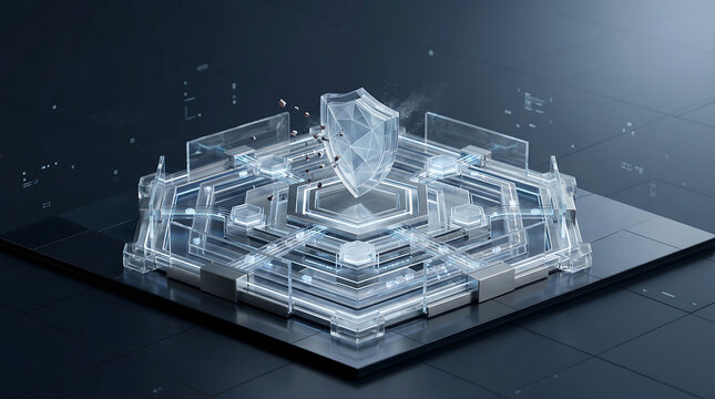 Abstract hexagon clear shield with digital explosion effect.