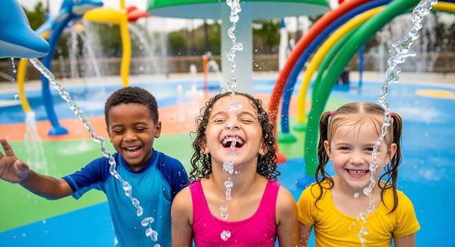 Happy Diverse Children Laughing and Playing with Water Sprays at a Colorful Summer Splash Pad