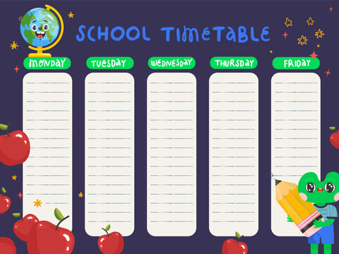 School timetable template with cute hand drawn elements, weekly planner for kids, colorful educational schedule, vertical layout, copy space, back to school design