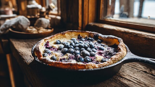 A blueberry ricotta Dutch baby pancake served fresh from the oven is photographed on a farmhouse wooden counter with natural side light streaming through a nearby window