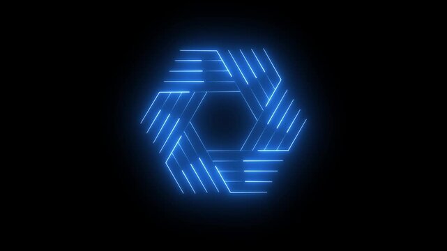 Glowing neon hexagon shape made of striped geometric elements on a dark background. Modern futuristic abstract design ideal for technology, digital branding, cyber themes, and creative visual composit