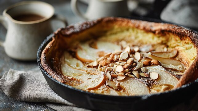 A chai-infused Dutch baby pancake topped with caramelized pear slices and crushed almonds rests on a neutral stone countertop under soft morning light for an elegant seasonal breakfast setting