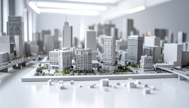 White architectural massing model of city skyline showing various building heights and shapes on clean white surface with shallow depth of field