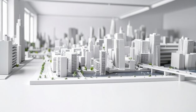 Scale model of a sprawling urban city center featuring white miniature buildings and small green trees on a white display table