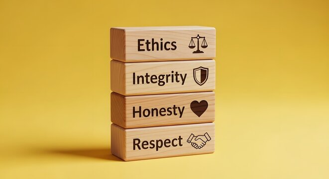 Wooden blocks with ethics, integrity, honesty, and respect text