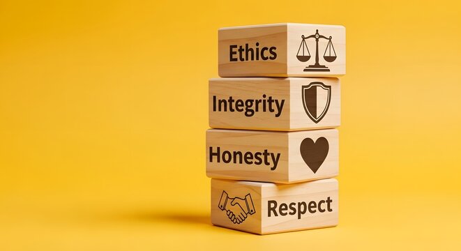 Wooden blocks with ethics, integrity, honesty and respect text