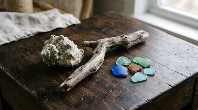 A weathered piece of driftwood rests beside a textured seashell and several colorful smooth pieces of vintage sea glass