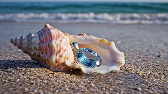 Aquamarine Pendant Resting Inside a Conch Shell on the Beach