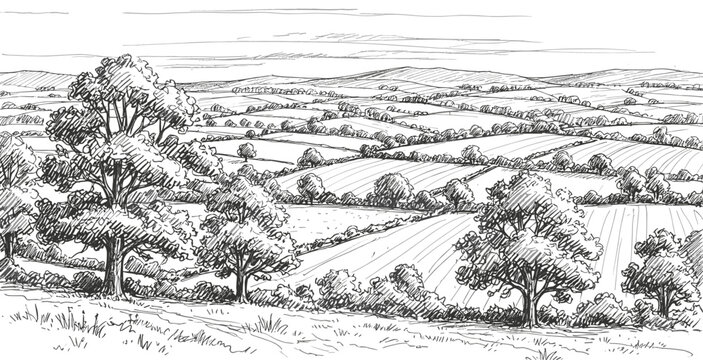 Rural countryside landscape with rolling hills fields and trees detailed sketch style panoramic nature illustration