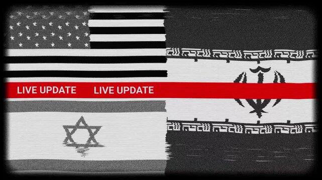 Live updates about US israel Iran war. Tv screen with glitch effect heavy noise with us Iran israel flags flowing texture Live updates. Middle East war.