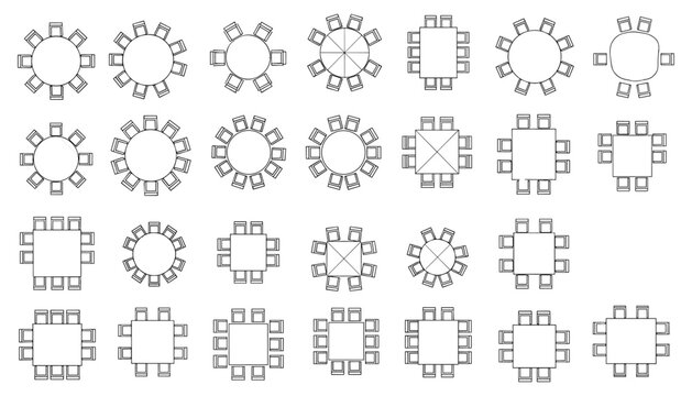 Vector Illustrations of Various Circular and Square Table Designs for Interior Layout, Office, and Furniture Projects.