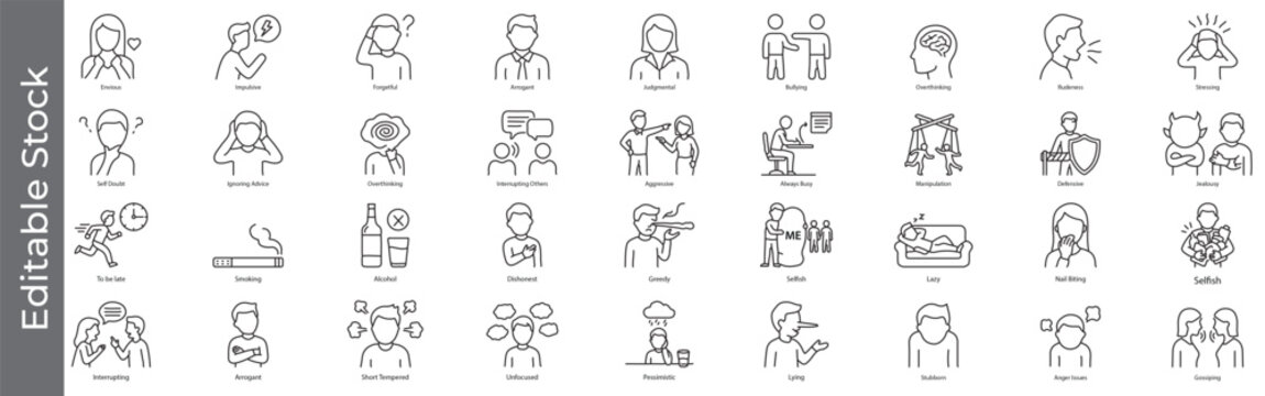 Negative personality traits and bad habits icon set &ndash; editable outline symbols of dishonesty, selfishness, arrogance, addiction and emotional issues