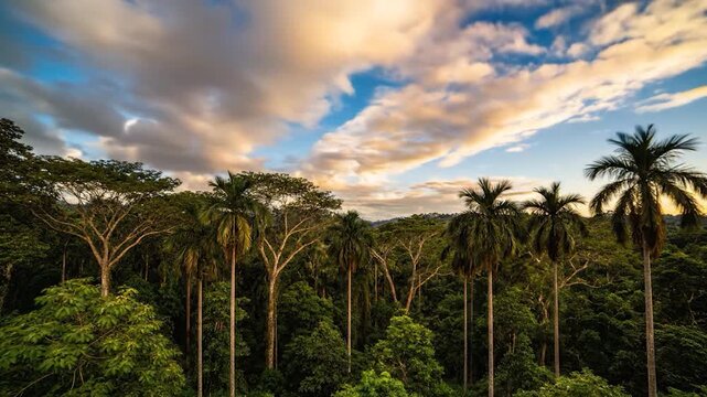 A scenic view of a lush tropical forest with tall palm trees under a bright blue sky with soft white clouds