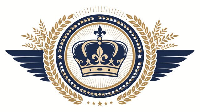 Royal crown badge with wings and laurel wreath symbolizing nobility and honor in a circular emblem with gold and blue tones