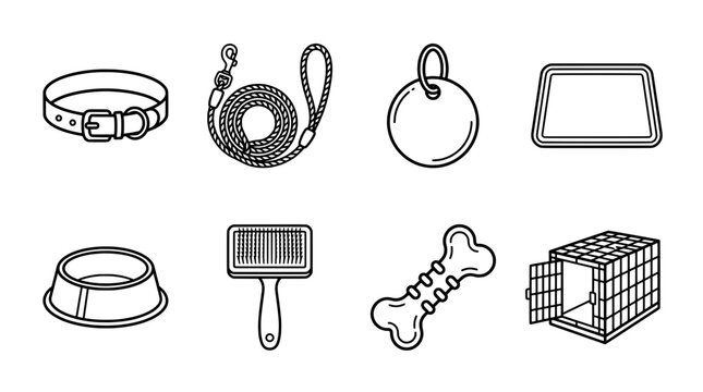 Dog supplies set collar leash tag bed bowl brush bone and crate icons
